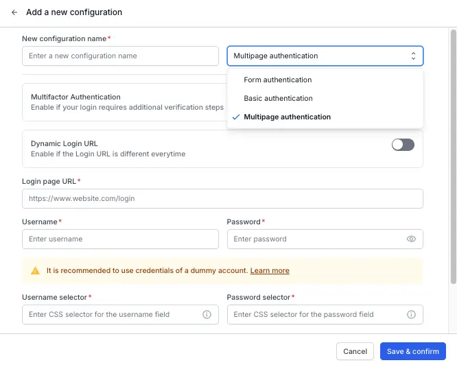 Multipage authentication configuration dialog showing the Configuration name field and Authentication type dropdown with Multipage authentication selected