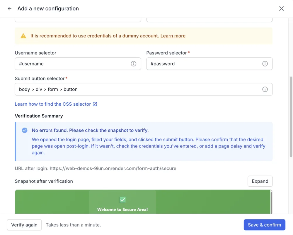Verification Summary showing No errors found, the URL after login, and the snapshot of the page after sign-in