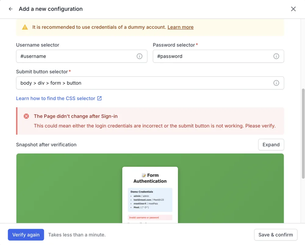 Verification result showing The Page didn't change after Sign-in with a snapshot of the login page and an Invalid username or password message