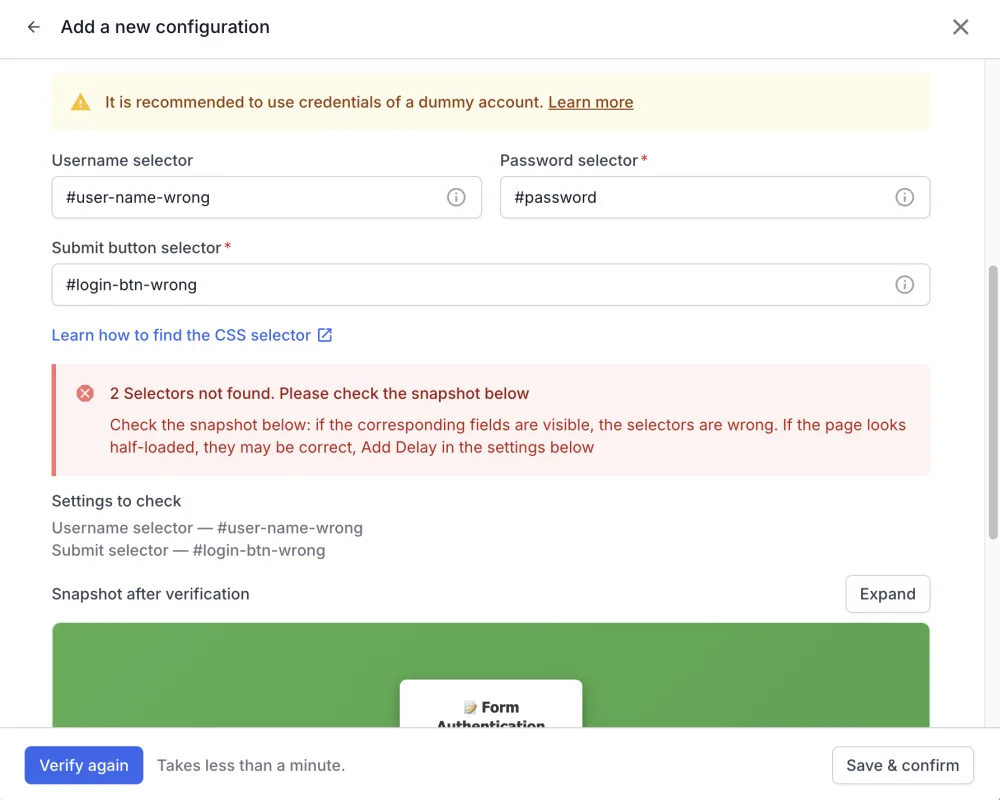 Verification result showing 2 Selectors not found with the Settings to check list and the snapshot of the login page