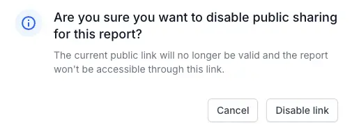 Confirmation dialog asking whether to disable public sharing for this report