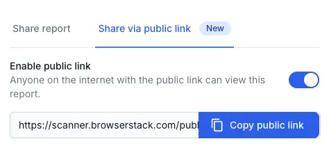 Share via public link tab showing the Enable public link toggle and the generated public URL