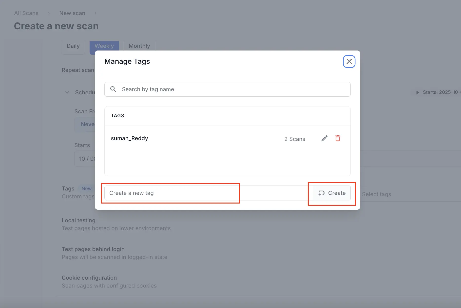 Screenshot of the tag management view with the 'Create a new tag' field highlighted and the Create button visible