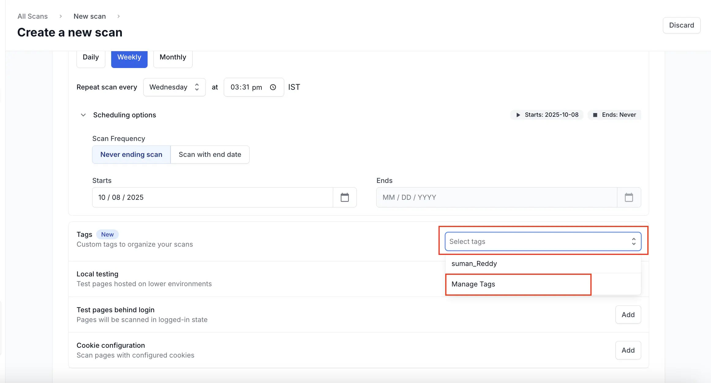 Select an existing tag on manage tag screen