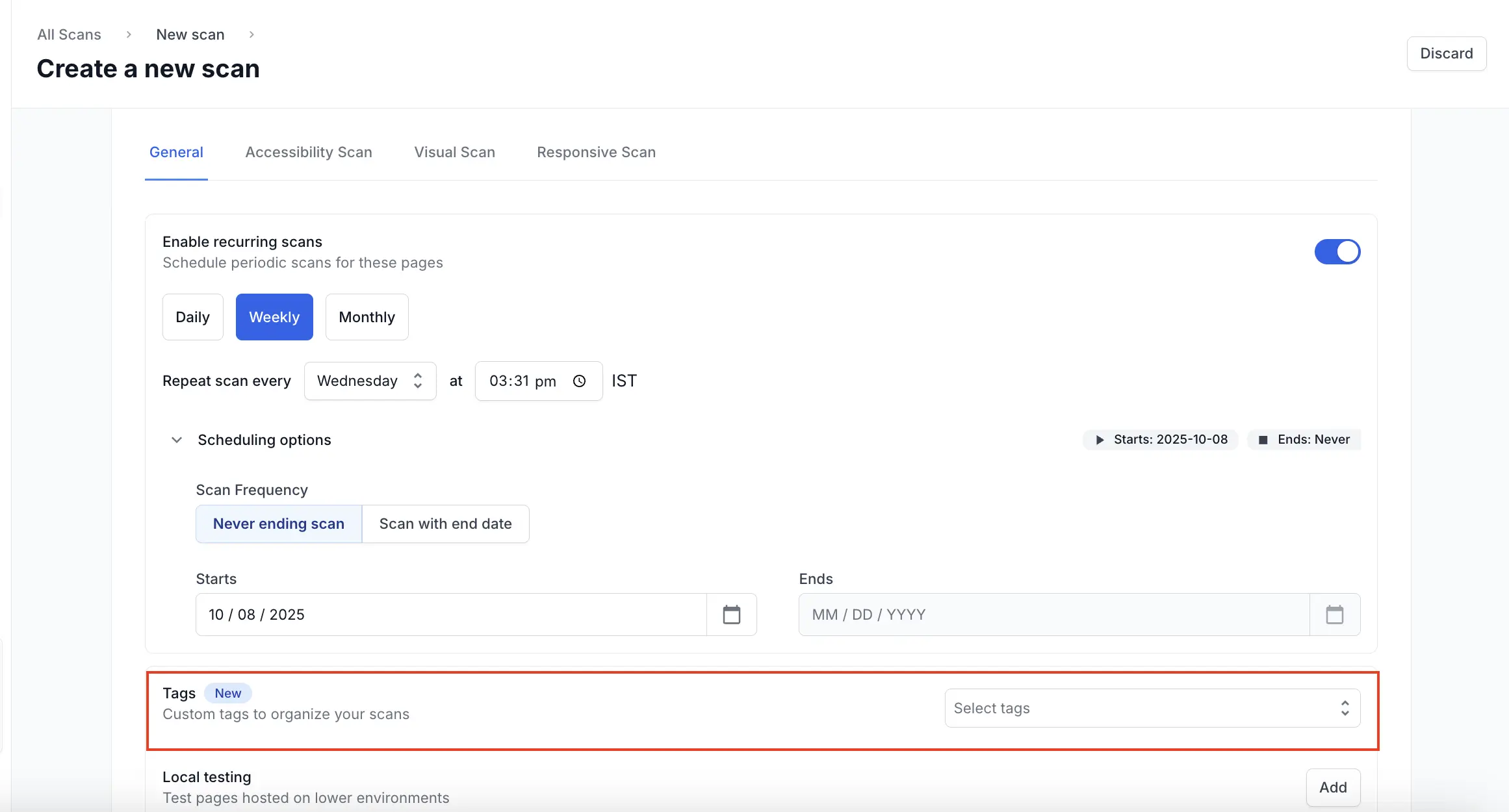 Screenshot showing the Tags label highlighted in the general settings sidebar of Website Scanner