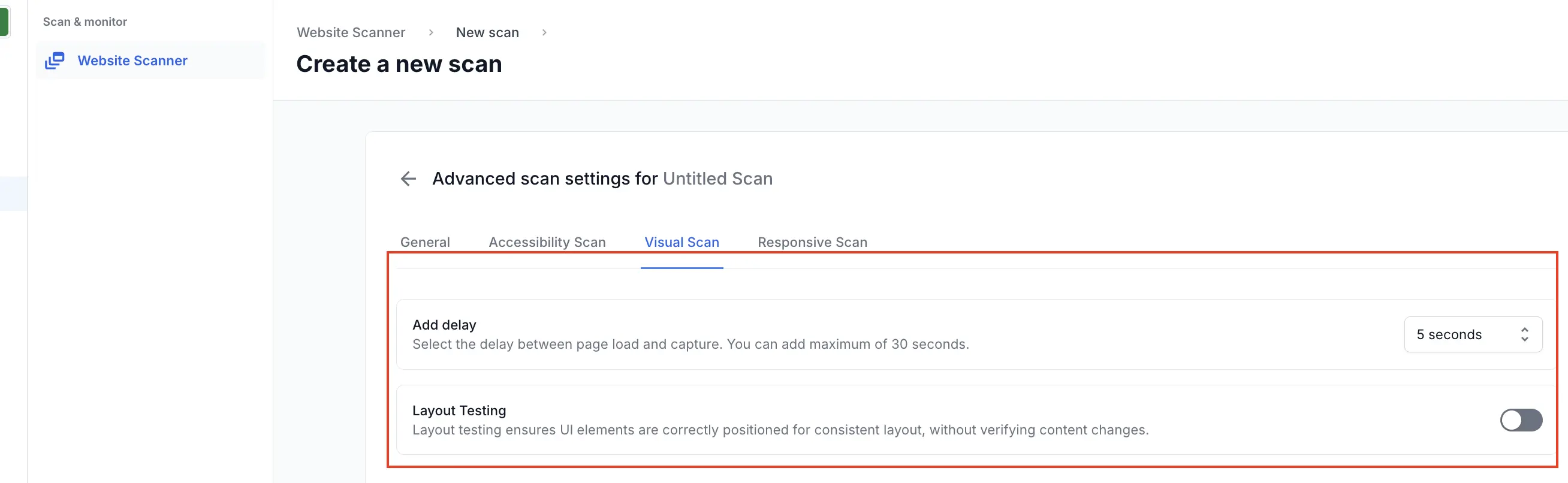 Visual scan settings page showing the Add delay and Layout testing option