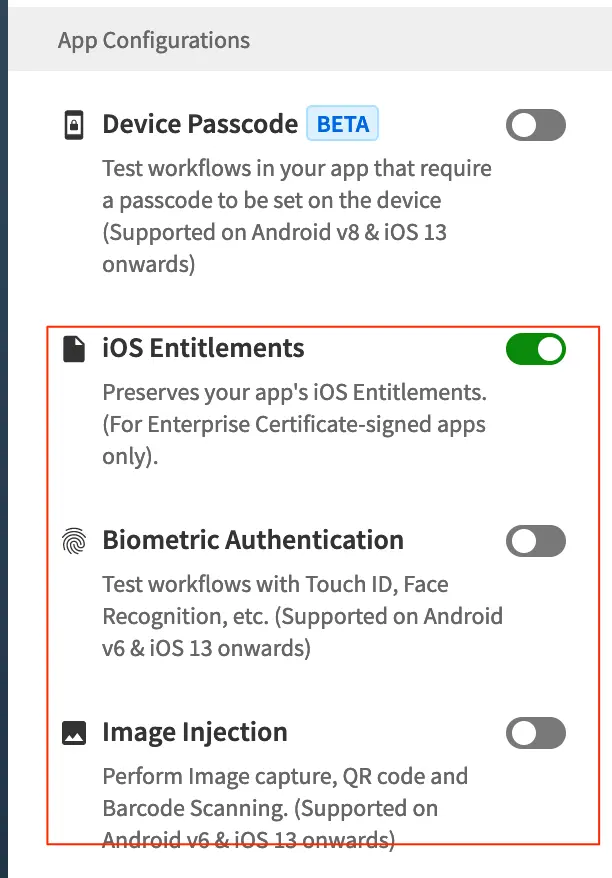 Enable ios entitlements and disable biometric authentication and image injection