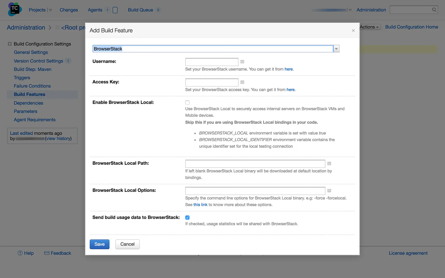 Add build feature form for filling browserstack credentials