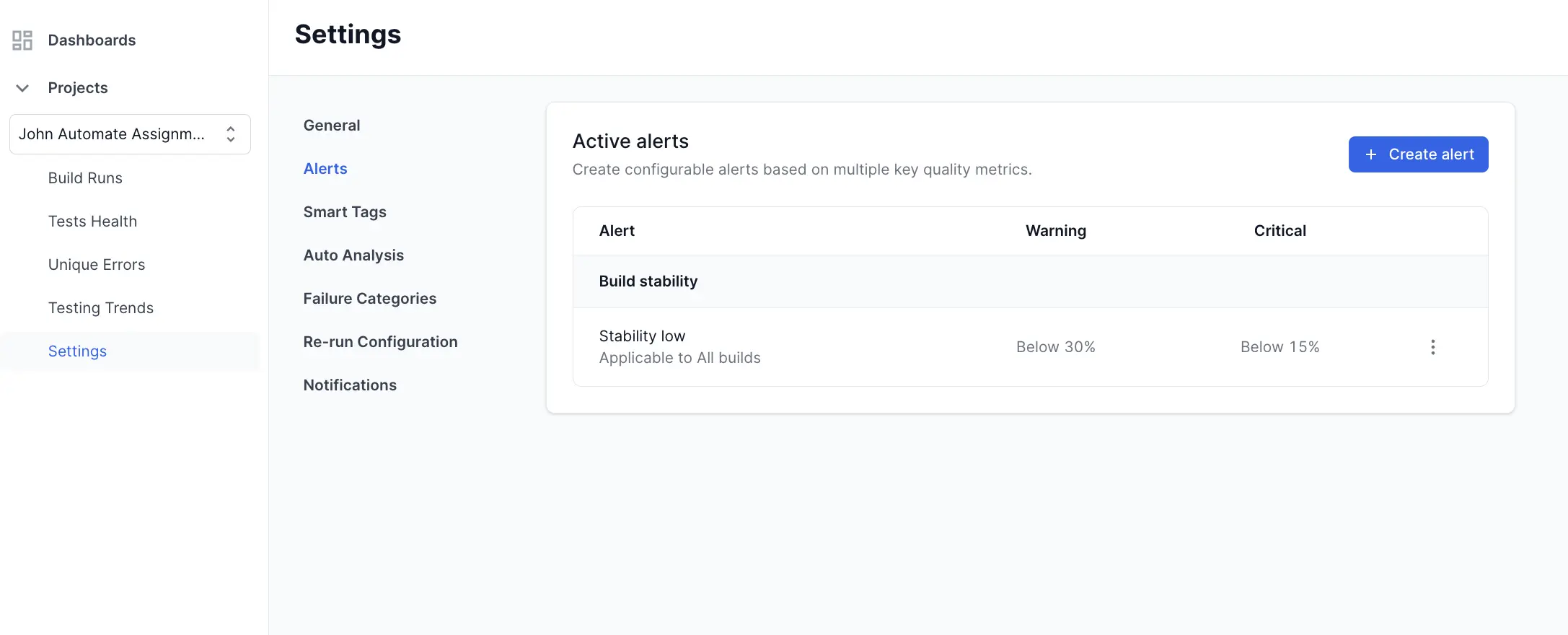 Alerts - Settings Page